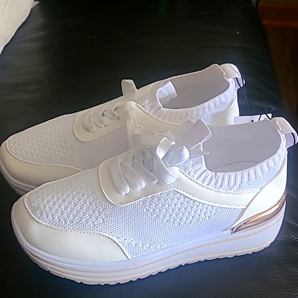 White, gold platform sneakers